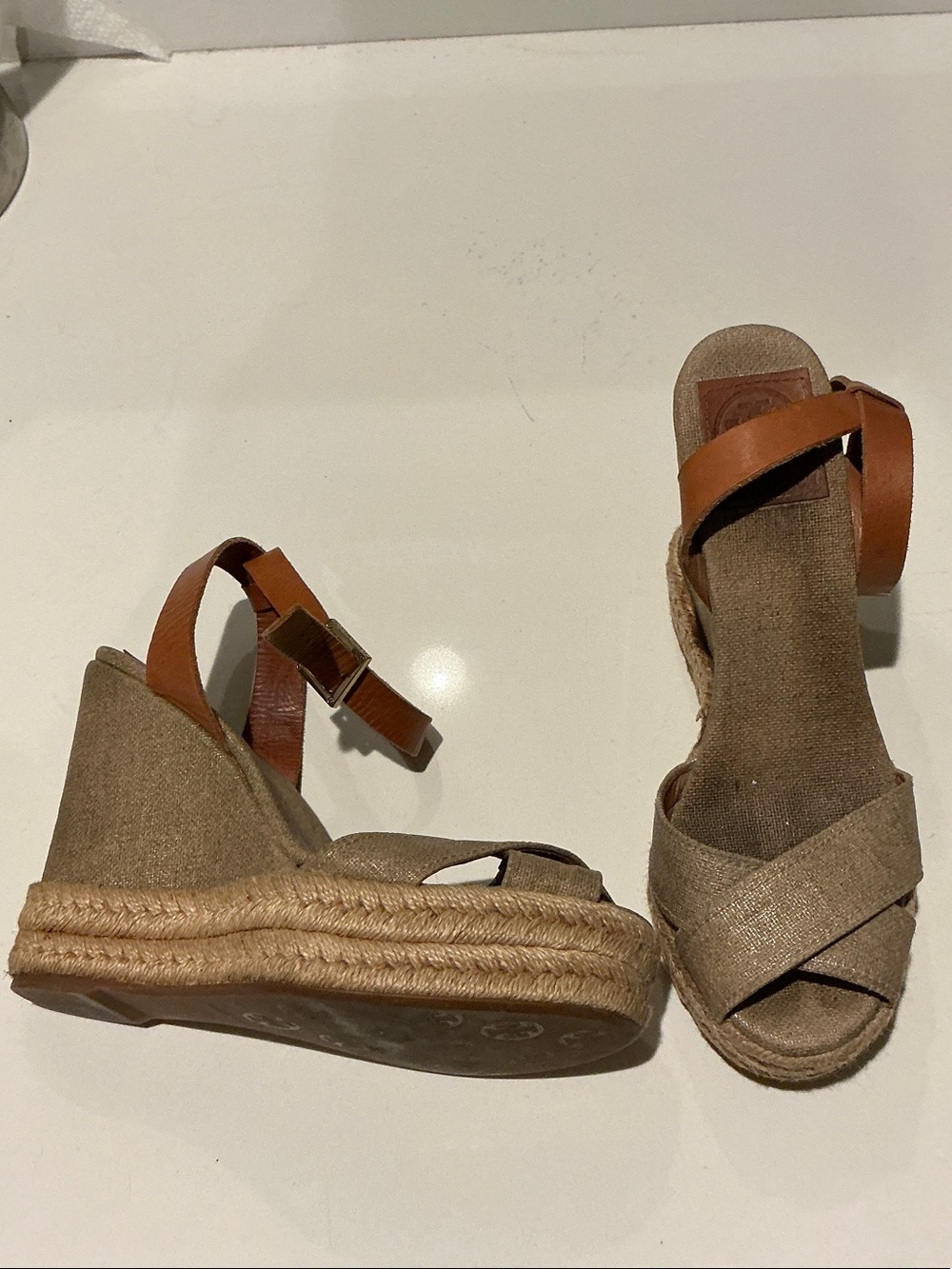 Tory Burch Wedge Espadrille Sandals in Tan with Leather Ankle Strap
